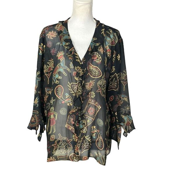 Chico's Top Size XL Silk Sheer 3/4 Sleeve Black Button Front Artsy Boho Eclectic - Picture 1 of 7